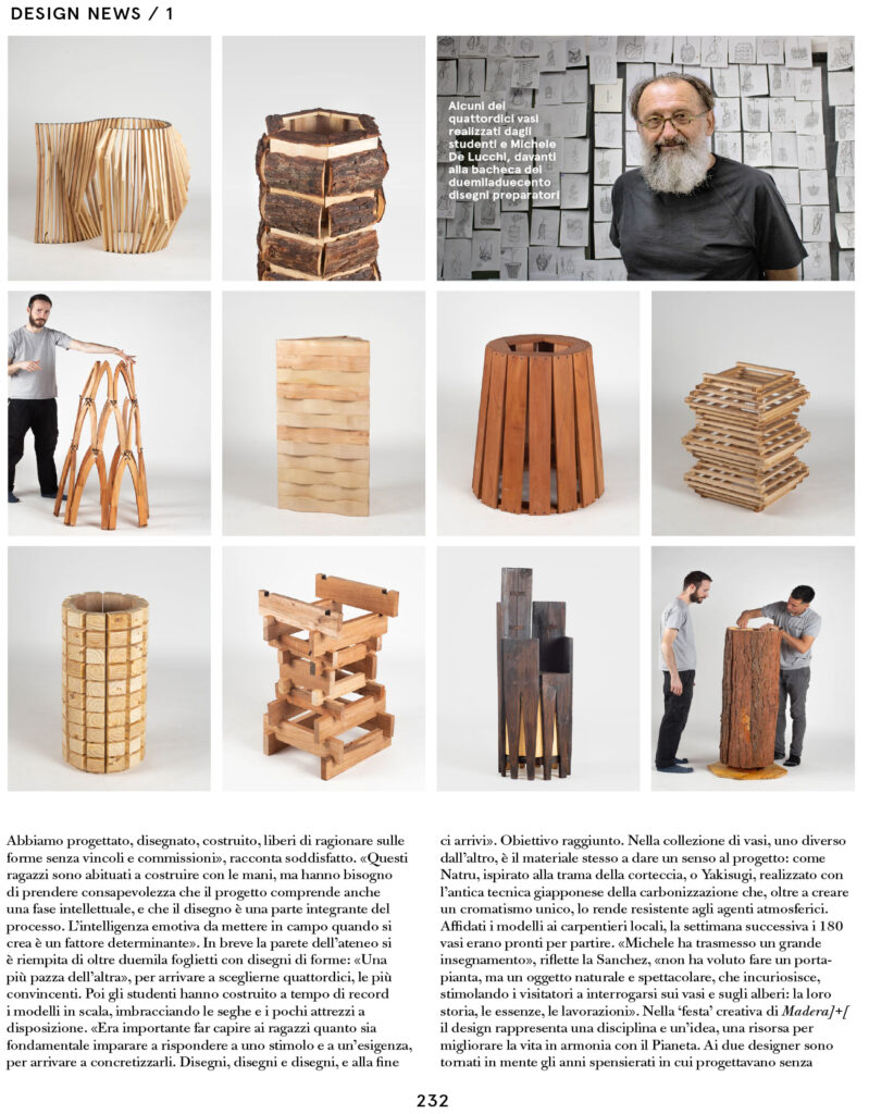 Página del nro 4/2023 de la revista Living Corriere con muestras de los diseños realizados por los estudiantes participantes del Seminario Madera + 2022